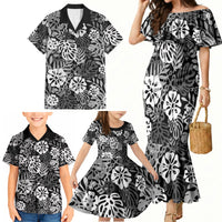 Black Aloha Hawaiian Family Matching Mermaid Dress and Hawaiian Shirt Monstera Hibiscus Tropical Pattern