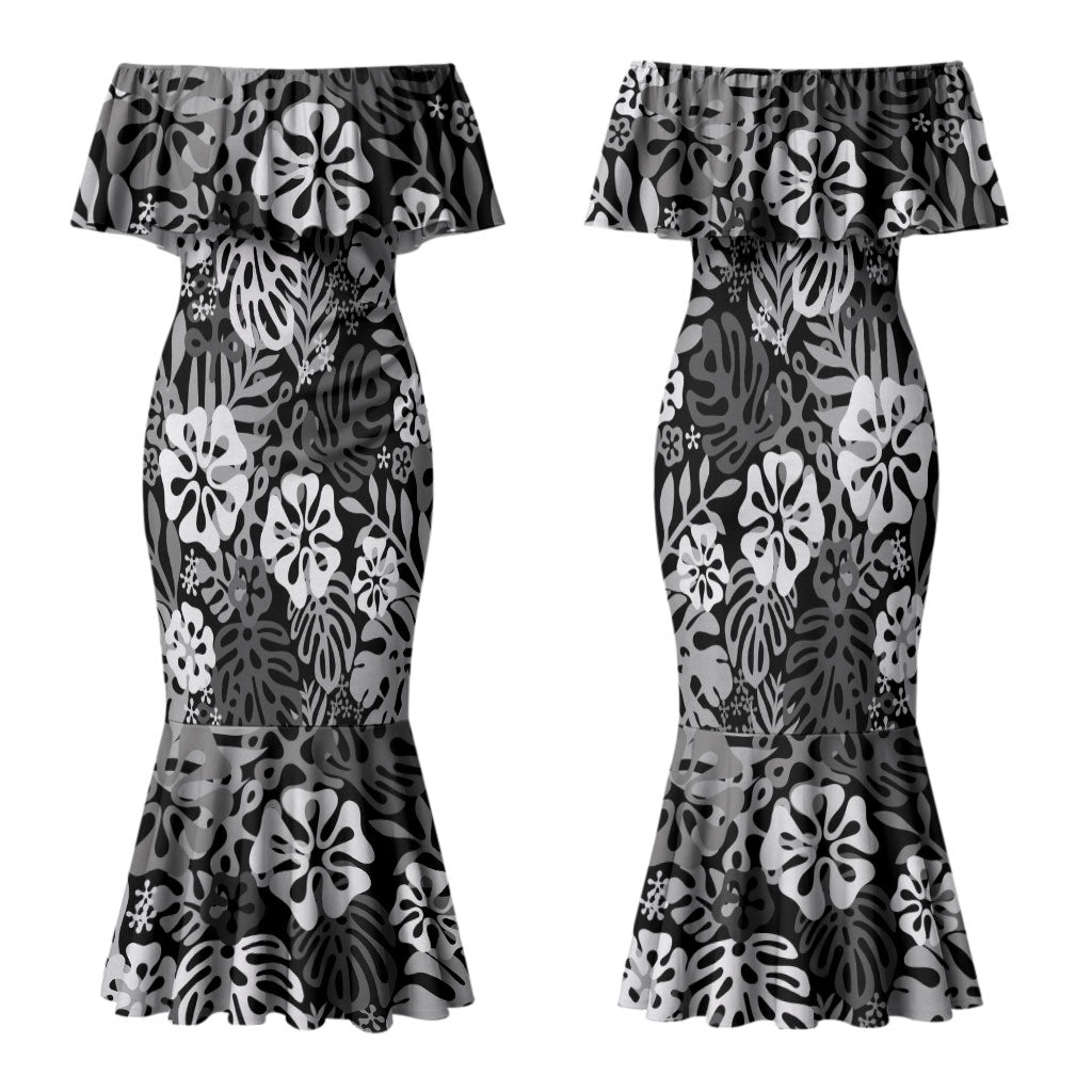 Black Aloha Hawaiian Family Matching Mermaid Dress and Hawaiian Shirt Monstera Hibiscus Tropical Pattern