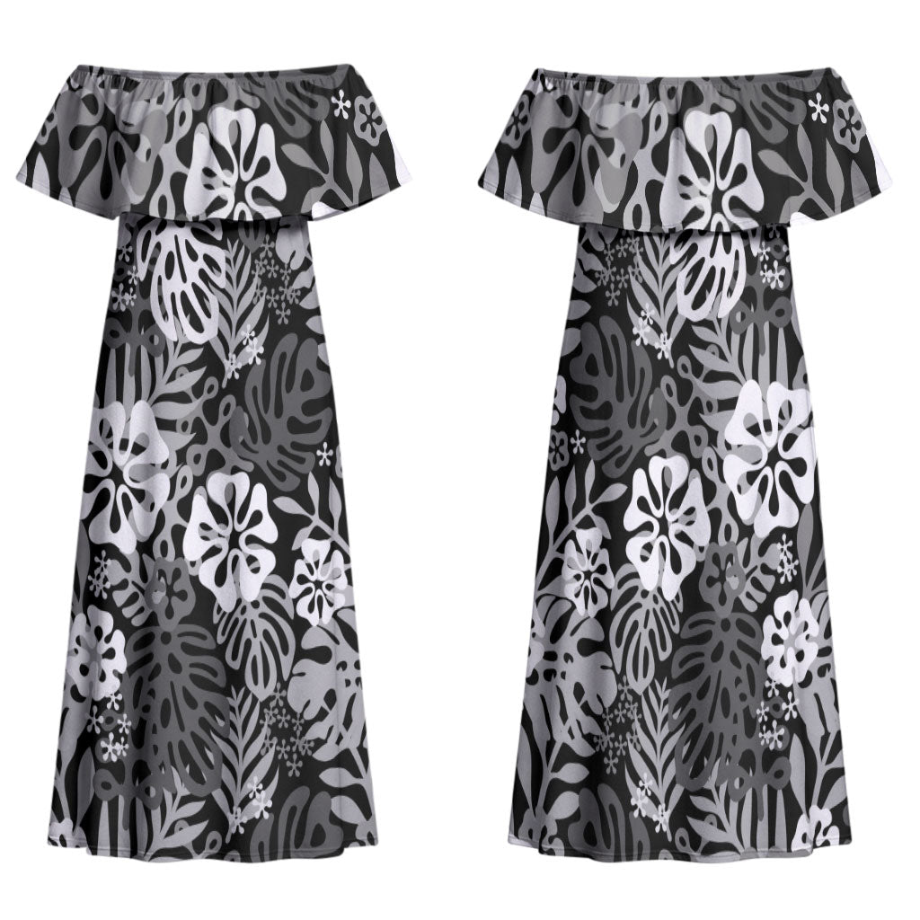 Black Aloha Hawaiian Family Matching Off Shoulder Maxi Dress and Hawaiian Shirt Monstera Hibiscus Tropical Pattern