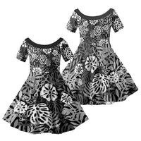 Black Aloha Hawaiian Family Matching Off Shoulder Maxi Dress and Hawaiian Shirt Monstera Hibiscus Tropical Pattern