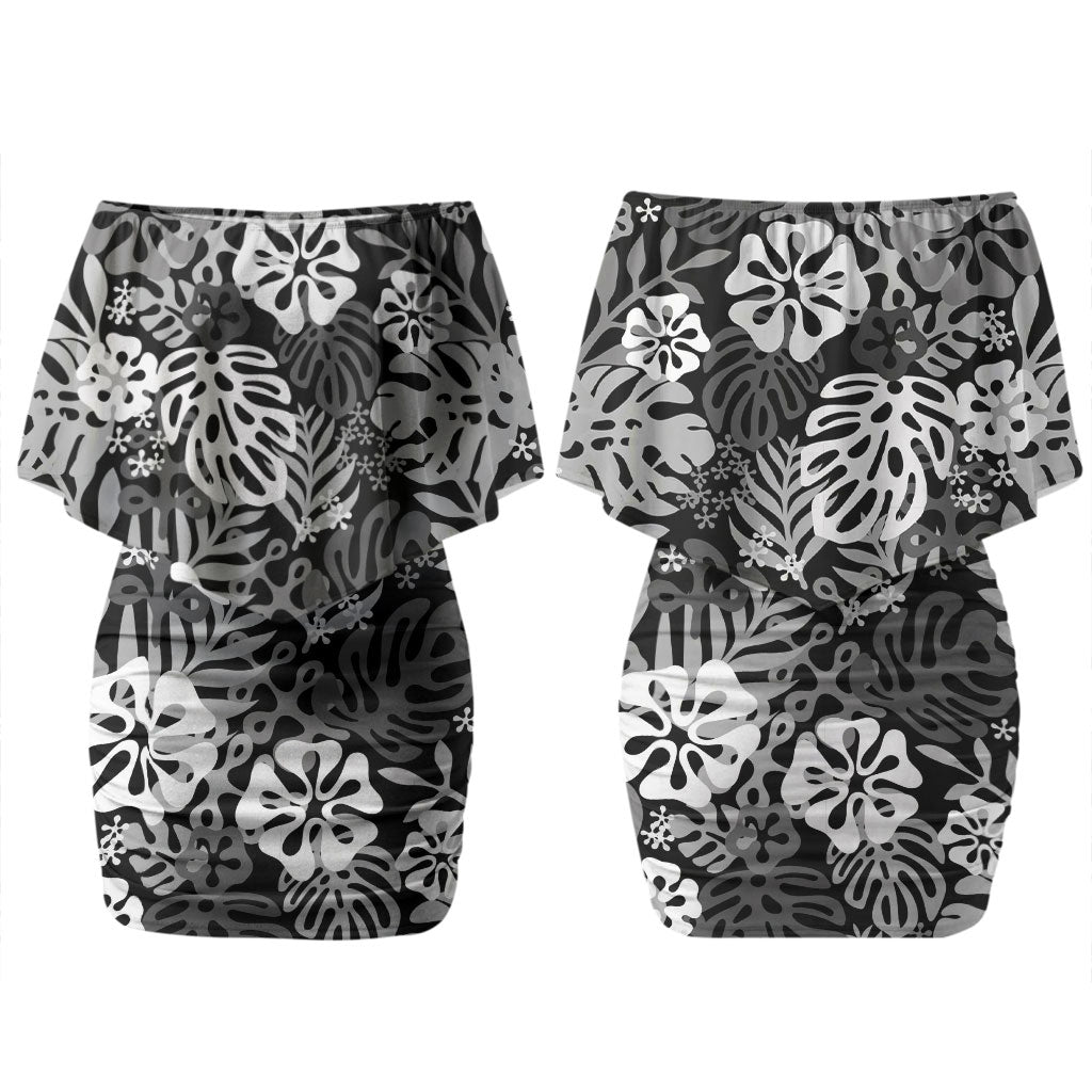Black Aloha Hawaiian Family Matching Off Shoulder Short Dress and Hawaiian Shirt Monstera Hibiscus Tropical Pattern