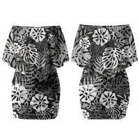 Black Aloha Hawaiian Family Matching Off Shoulder Short Dress and Hawaiian Shirt Monstera Hibiscus Tropical Pattern