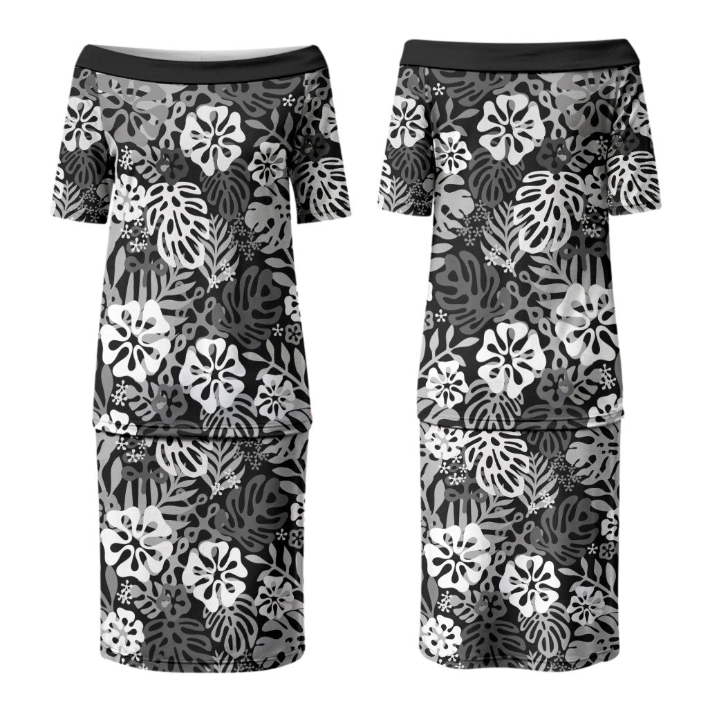 Black Aloha Hawaiian Family Matching Puletasi and Hawaiian Shirt Monstera Hibiscus Tropical Pattern