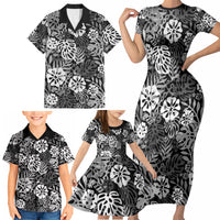 Black Aloha Hawaiian Family Matching Short Sleeve Bodycon Dress and Hawaiian Shirt Monstera Hibiscus Tropical Pattern