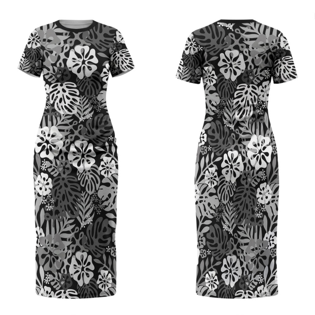 Black Aloha Hawaiian Family Matching Short Sleeve Bodycon Dress and Hawaiian Shirt Monstera Hibiscus Tropical Pattern