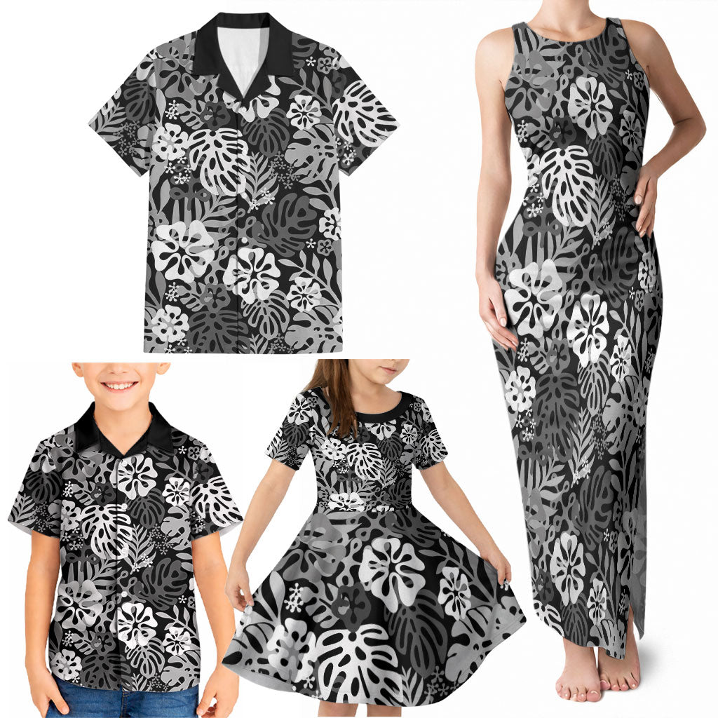 Black Aloha Hawaiian Family Matching Tank Maxi Dress and Hawaiian Shirt Monstera Hibiscus Tropical Pattern
