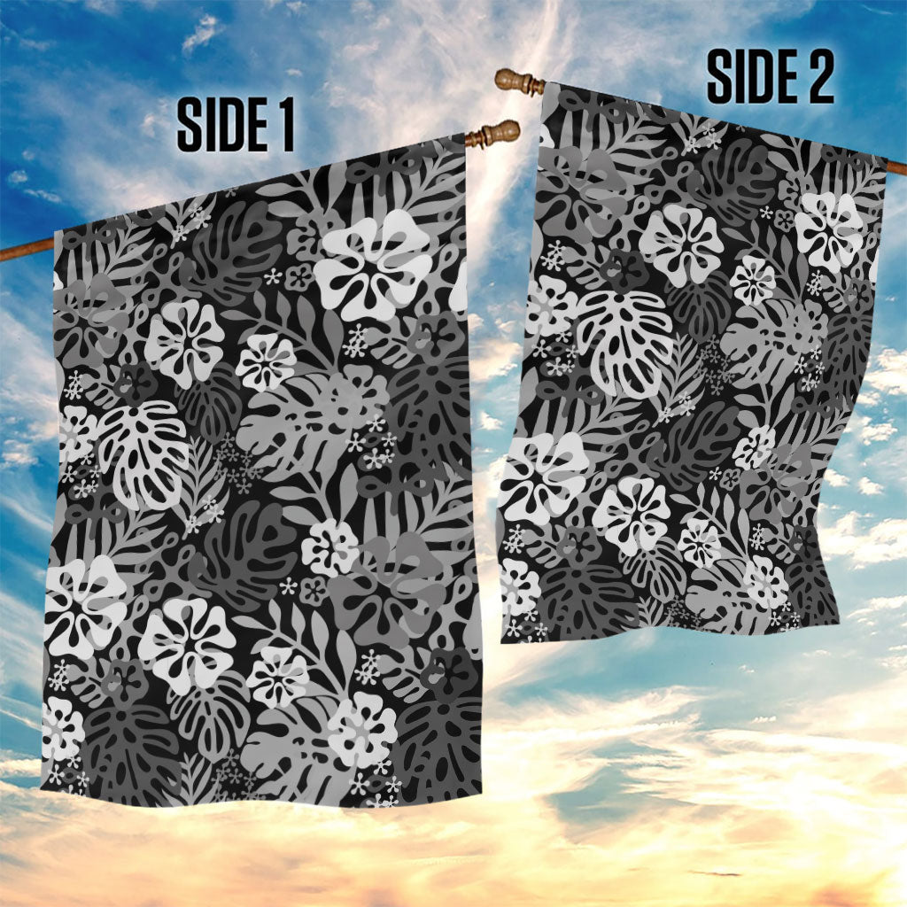 Black Aloha Hawaiian Garden Flag Monstera Hibiscus Tropical Pattern