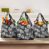 Black Aloha Hawaiian Grocery Bag Monstera Hibiscus Tropical Pattern