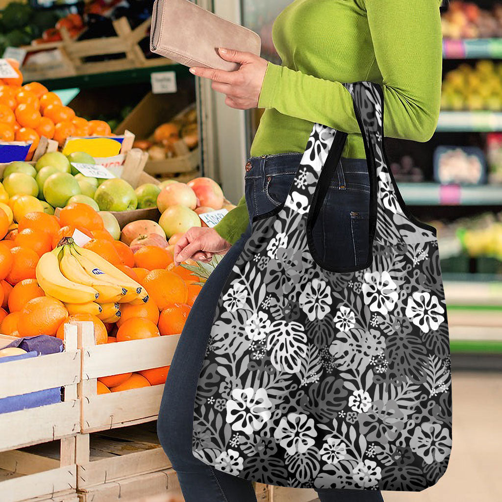 Black Aloha Hawaiian Grocery Bag Monstera Hibiscus Tropical Pattern