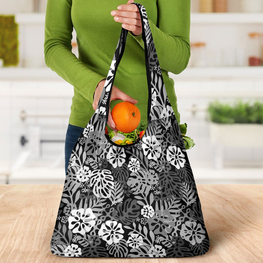 Black Aloha Hawaiian Grocery Bag Monstera Hibiscus Tropical Pattern