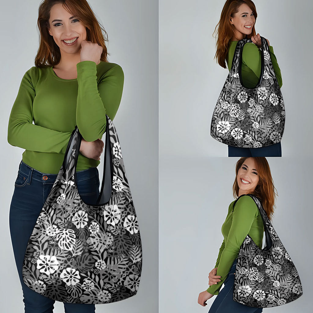 Black Aloha Hawaiian Grocery Bag Monstera Hibiscus Tropical Pattern