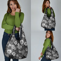 Black Aloha Hawaiian Grocery Bag Monstera Hibiscus Tropical Pattern