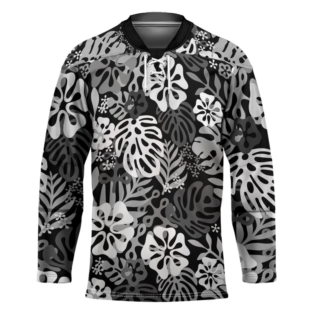 Black Aloha Hawaiian Hockey Jersey Monstera Hibiscus Tropical Pattern