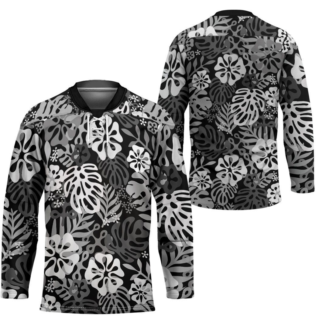 Black Aloha Hawaiian Hockey Jersey Monstera Hibiscus Tropical Pattern