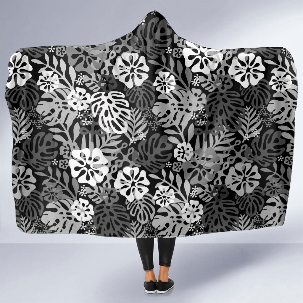 Black Aloha Hawaiian Hooded Blanket Monstera Hibiscus Tropical Pattern