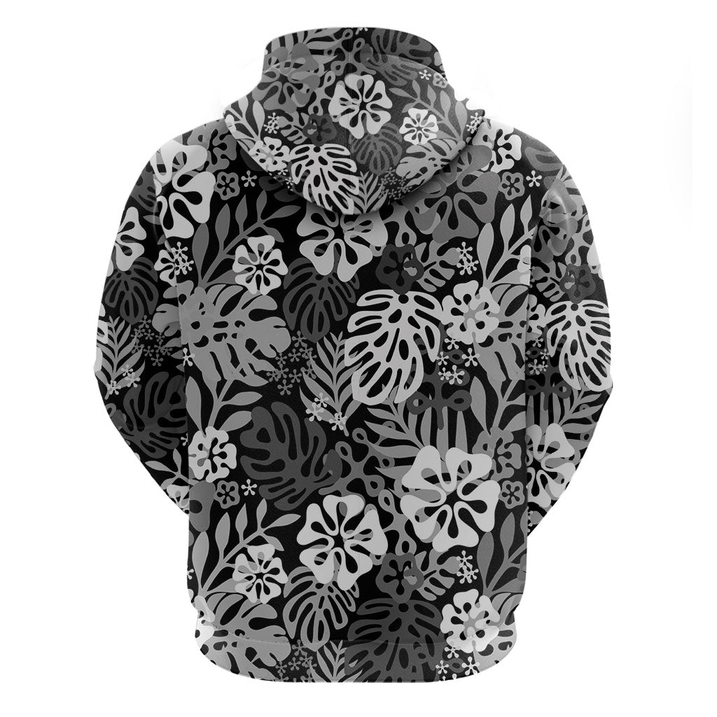 Black Aloha Hawaiian Hoodie Monstera Hibiscus Tropical Pattern