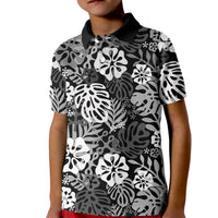 Black Aloha Hawaiian Kid Polo Shirt Monstera Hibiscus Tropical Pattern