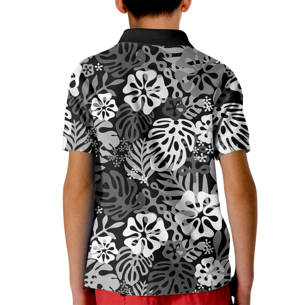 Black Aloha Hawaiian Kid Polo Shirt Monstera Hibiscus Tropical Pattern