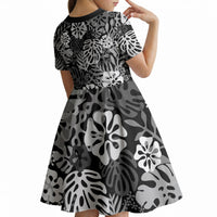Black Aloha Hawaiian Kid Short Sleeve Dress Monstera Hibiscus Tropical Pattern