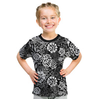 Black Aloha Hawaiian Kid T Shirt Monstera Hibiscus Tropical Pattern