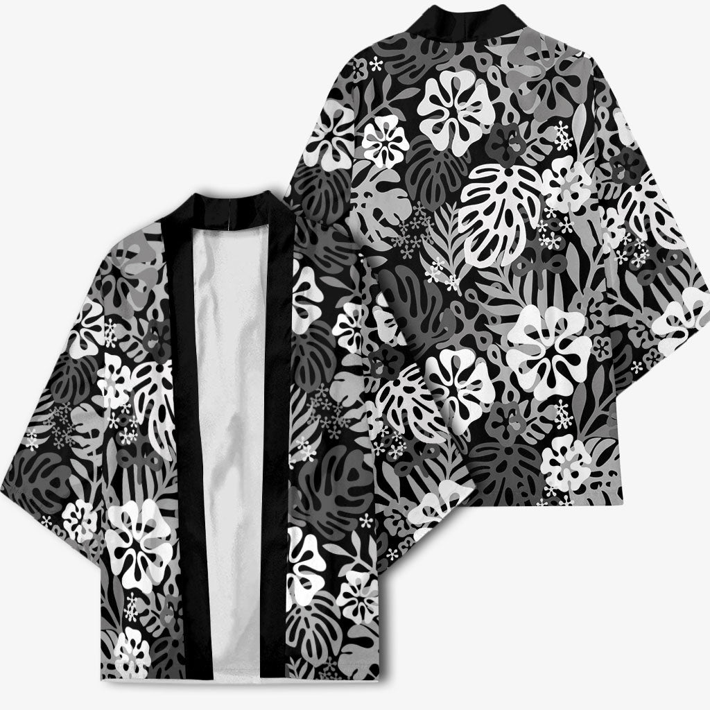 Black Aloha Hawaiian Kimono Monstera Hibiscus Tropical Pattern
