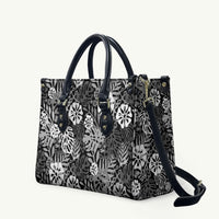 Black Aloha Hawaiian Leather Bag Monstera Hibiscus Tropical Pattern