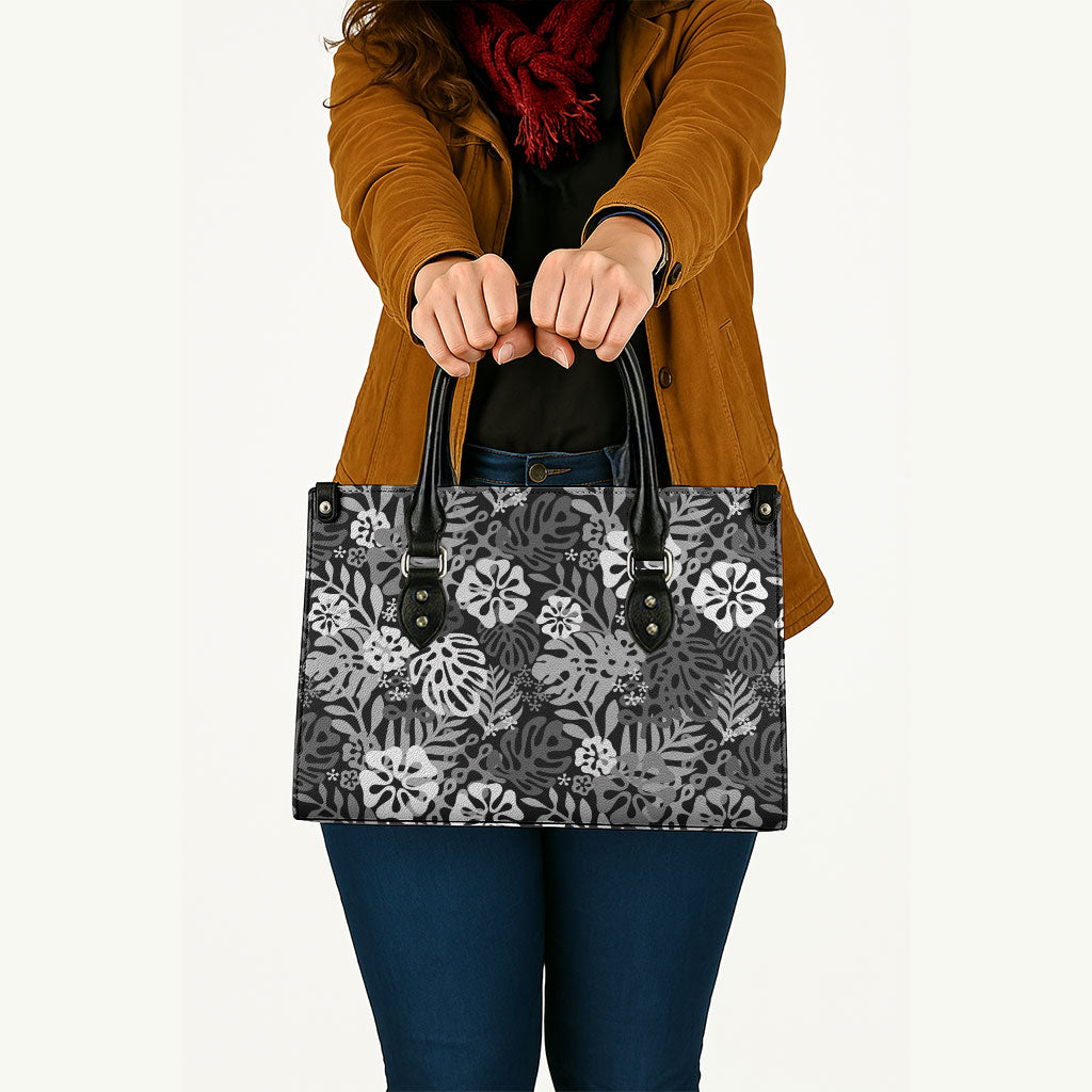 Black Aloha Hawaiian Leather Bag Monstera Hibiscus Tropical Pattern