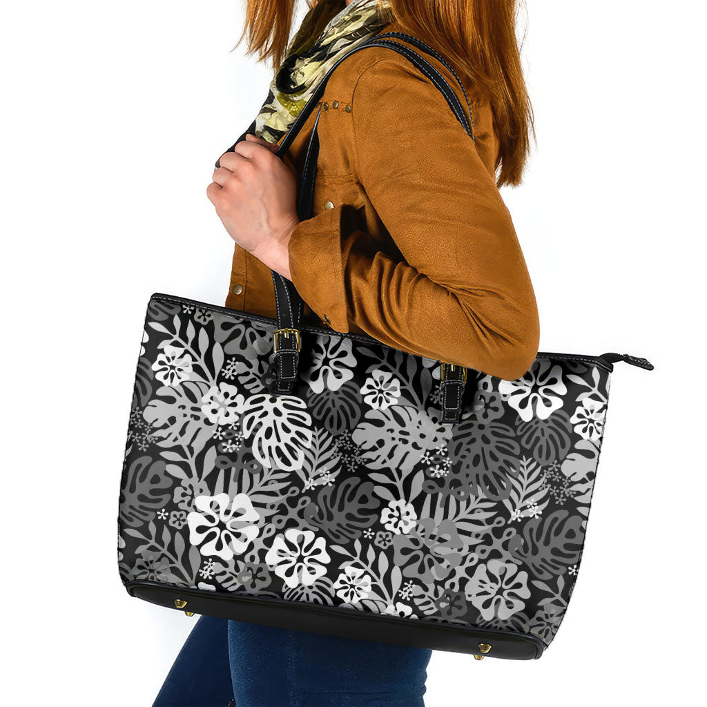 Black Aloha Hawaiian Leather Tote Bag Monstera Hibiscus Tropical Pattern
