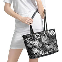 Black Aloha Hawaiian Leather Tote Bag Monstera Hibiscus Tropical Pattern