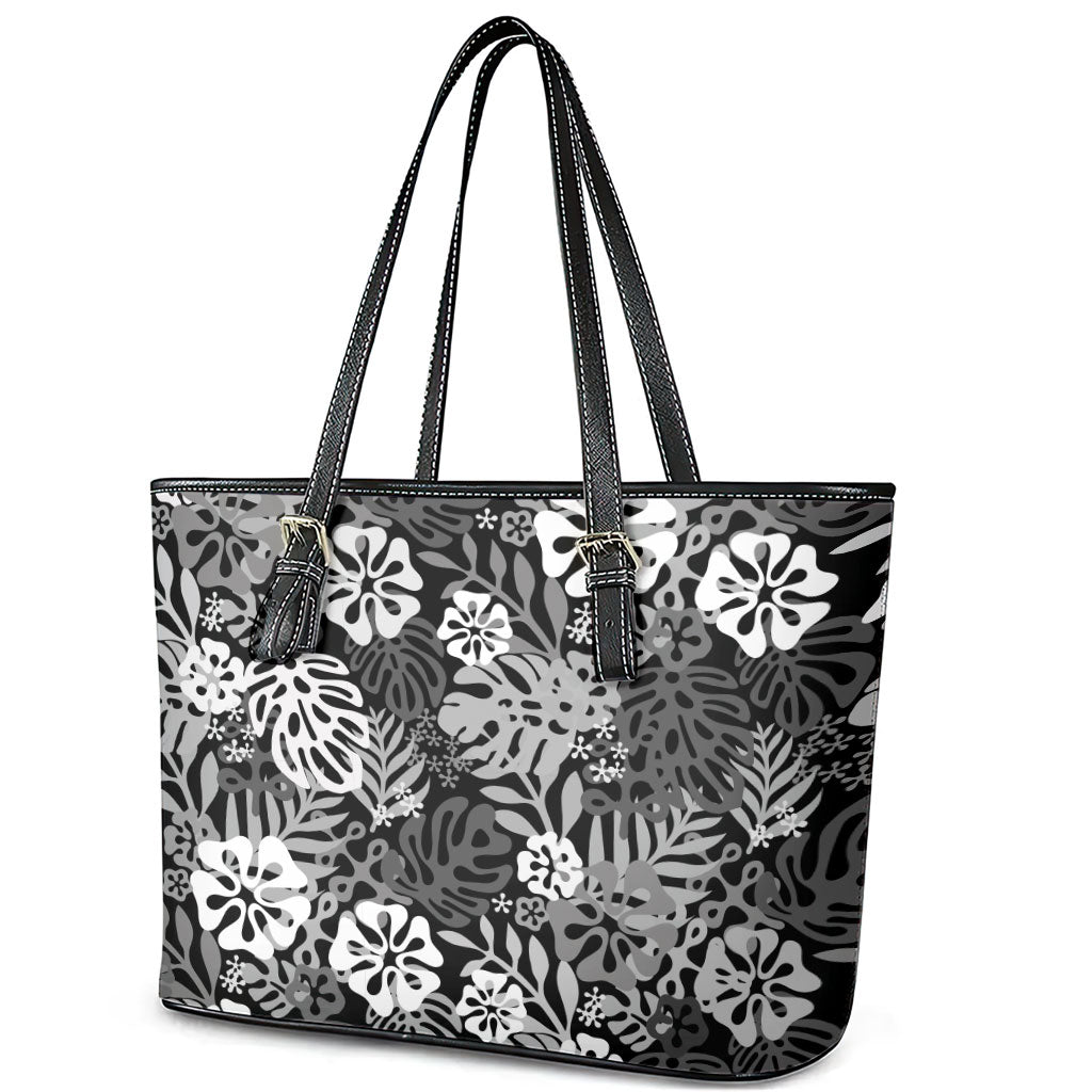 Black Aloha Hawaiian Leather Tote Bag Monstera Hibiscus Tropical Pattern