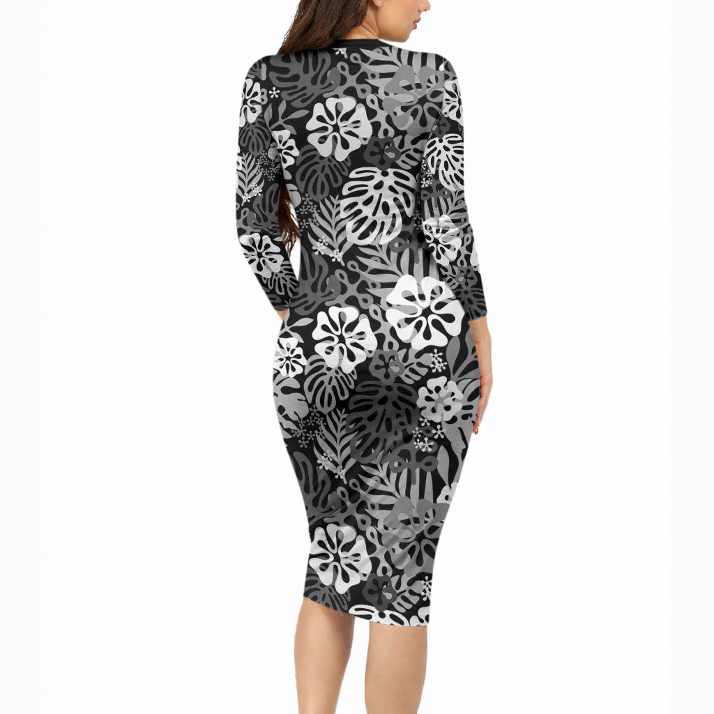 Black Aloha Hawaiian Long Sleeve Bodycon Dress Monstera Hibiscus Tropical Pattern
