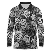 Black Aloha Hawaiian Long Sleeve Polo Shirt Monstera Hibiscus Tropical Pattern