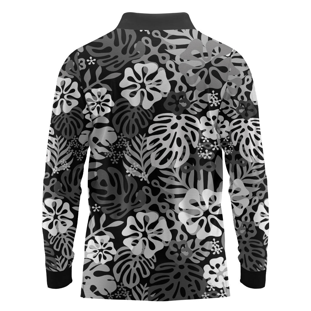 Black Aloha Hawaiian Long Sleeve Polo Shirt Monstera Hibiscus Tropical Pattern