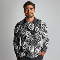 Black Aloha Hawaiian Long Sleeve Polo Shirt Monstera Hibiscus Tropical Pattern