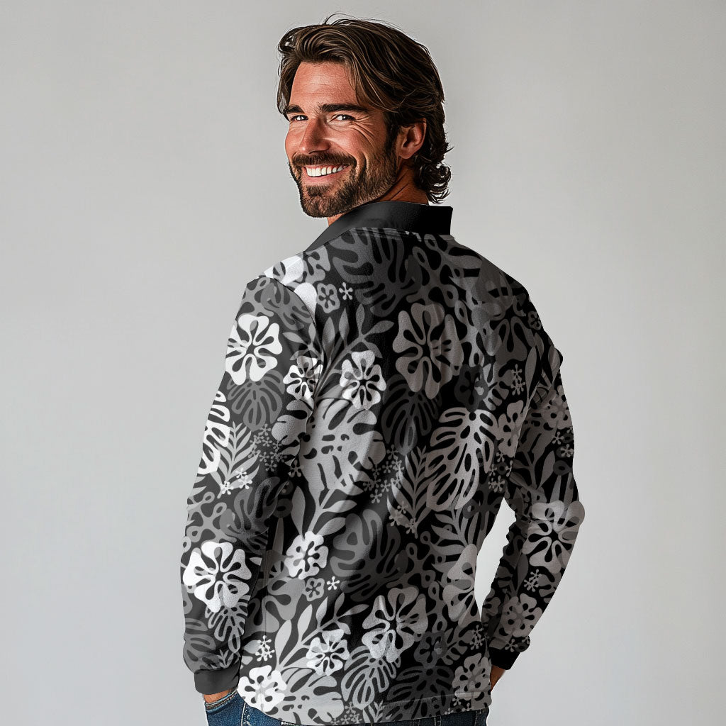Black Aloha Hawaiian Long Sleeve Polo Shirt Monstera Hibiscus Tropical Pattern