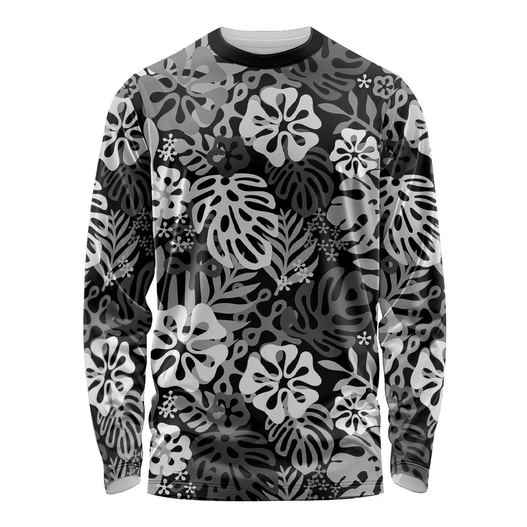 Black Aloha Hawaiian Long Sleeve Shirt Monstera Hibiscus Tropical Pattern LT19 Unisex Black - Polynesian Pride