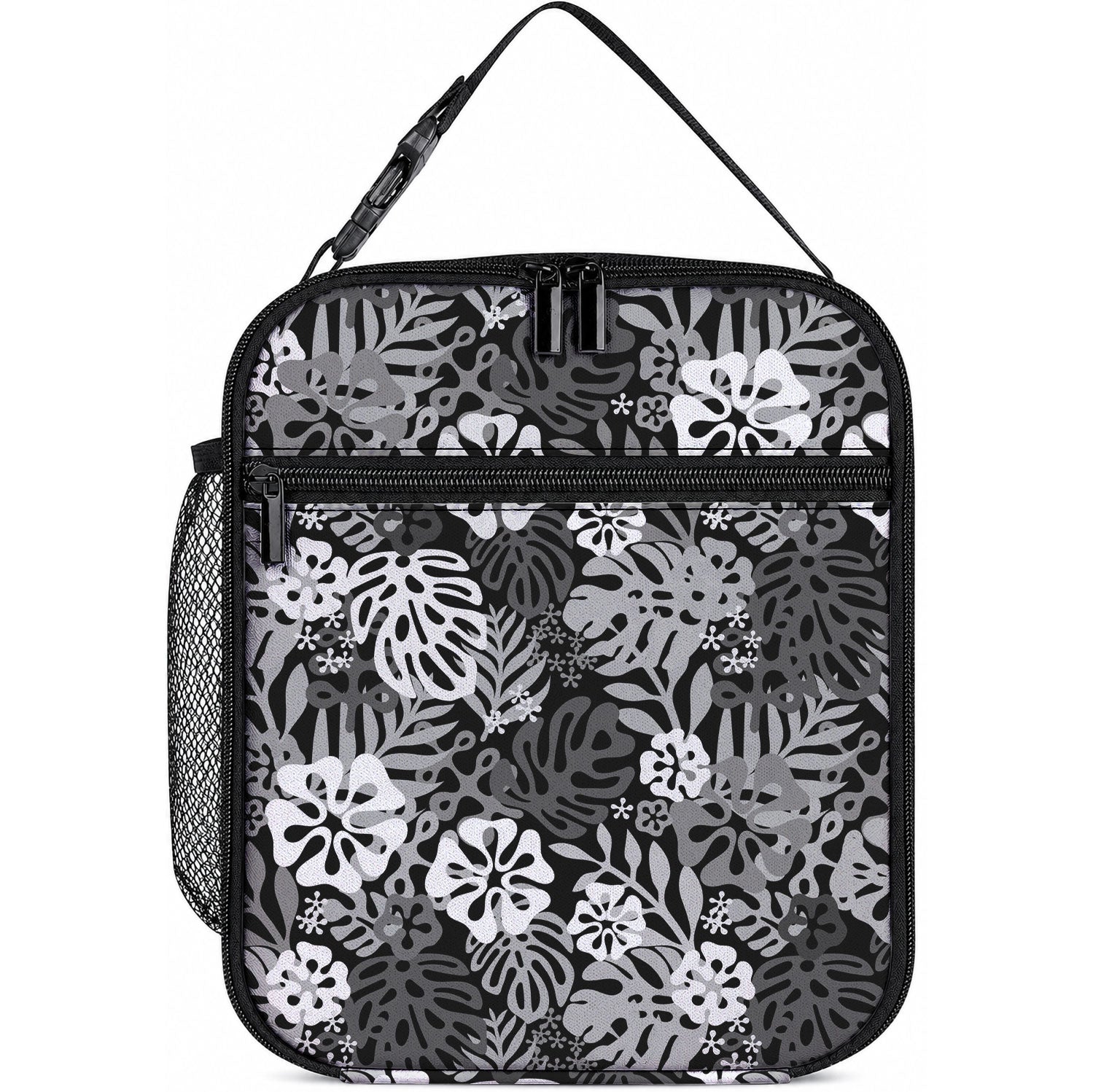 Black Aloha Hawaiian Lunch Bag Monstera Hibiscus Tropical Pattern