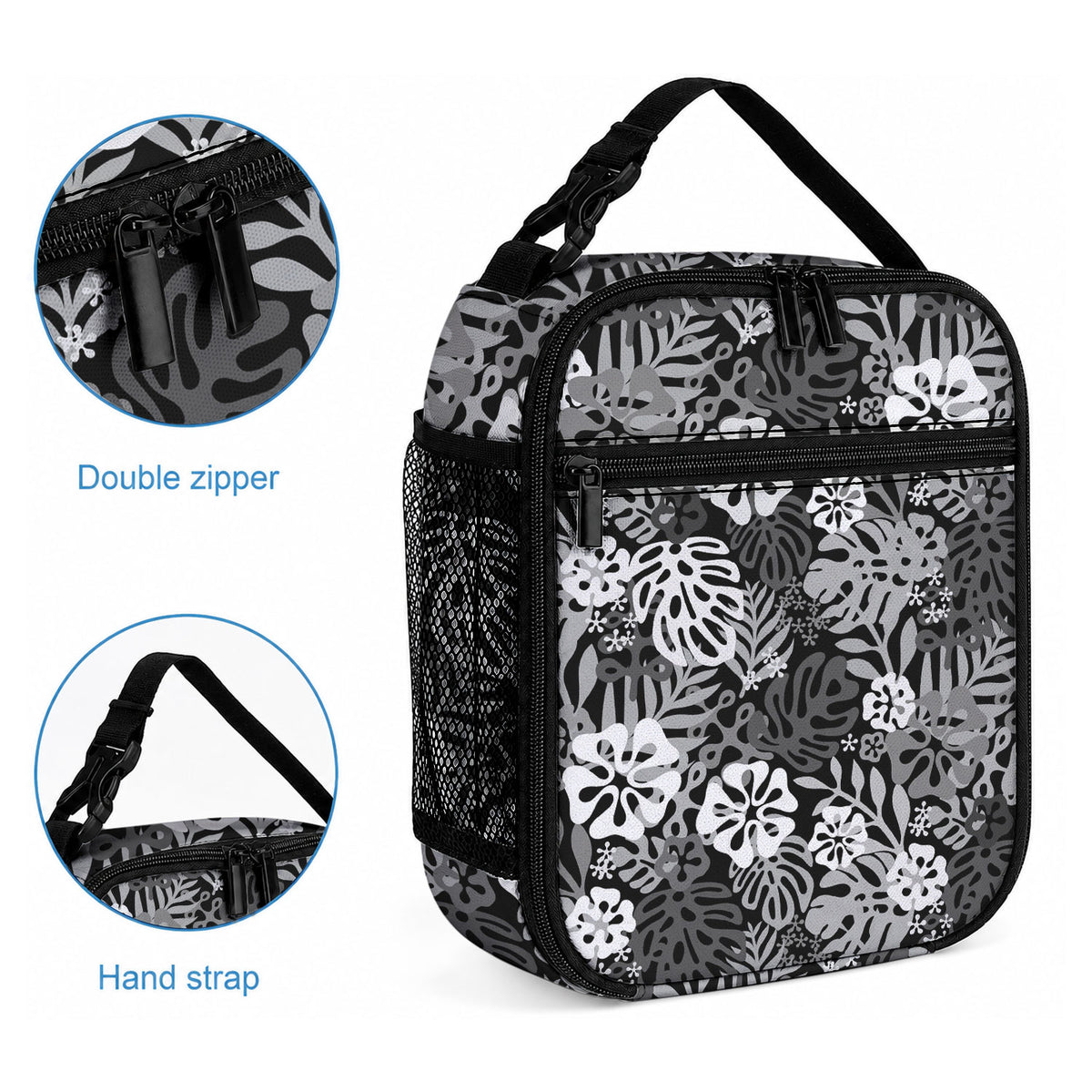 Black Aloha Hawaiian Lunch Bag Monstera Hibiscus Tropical Pattern
