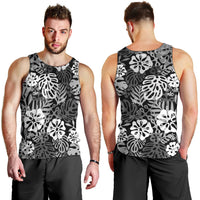 Black Aloha Hawaiian Men Tank Top Monstera Hibiscus Tropical Pattern