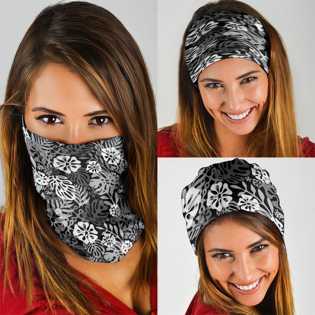 Black Aloha Hawaiian Neck Gaiter Monstera Hibiscus Tropical Pattern