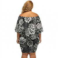 Black Aloha Hawaiian Off Shoulder Short Dress Monstera Hibiscus Tropical Pattern