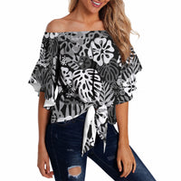 Black Aloha Hawaiian Off Shoulder Wrap Waist Top Monstera Hibiscus Tropical Pattern