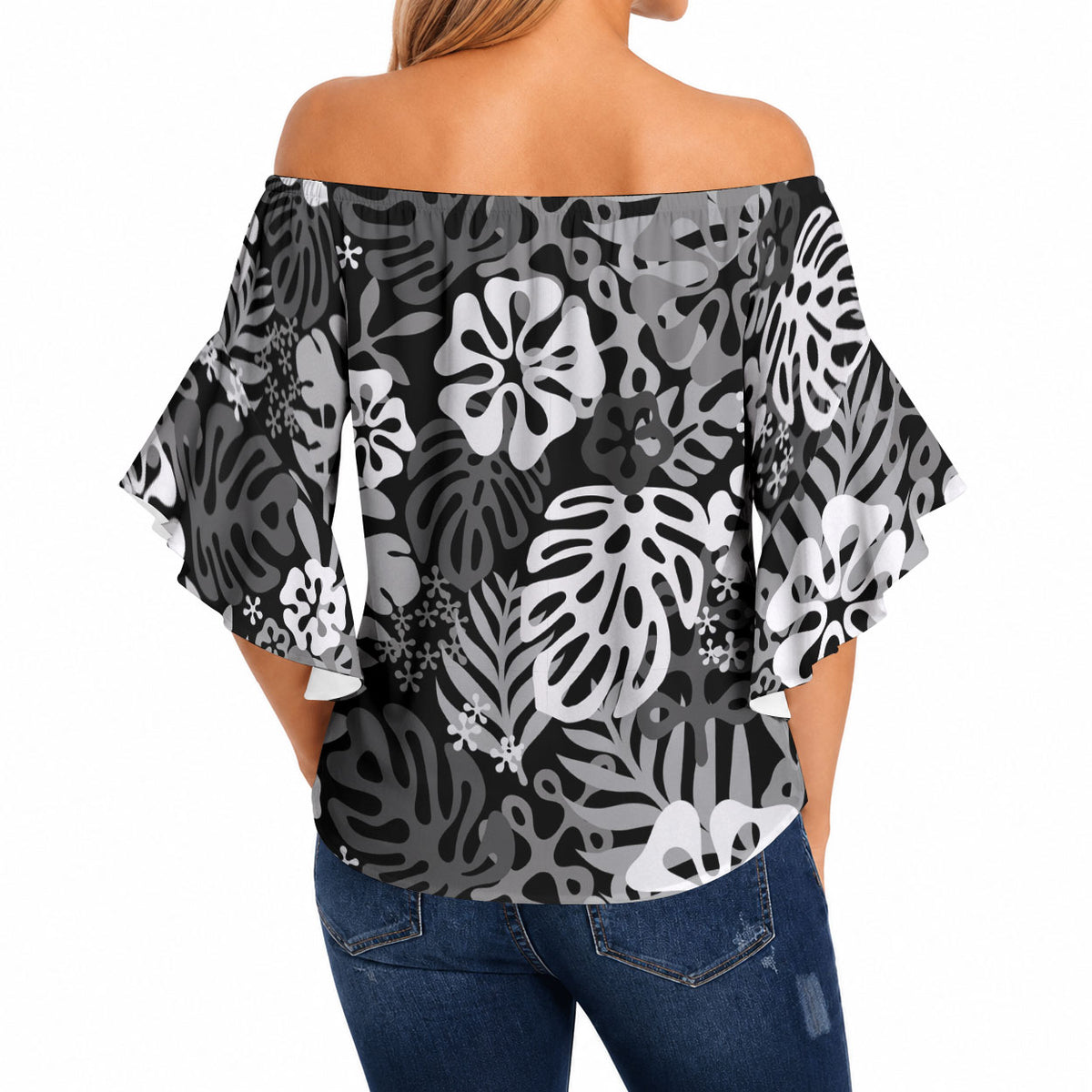 Black Aloha Hawaiian Off Shoulder Wrap Waist Top Monstera Hibiscus Tropical Pattern