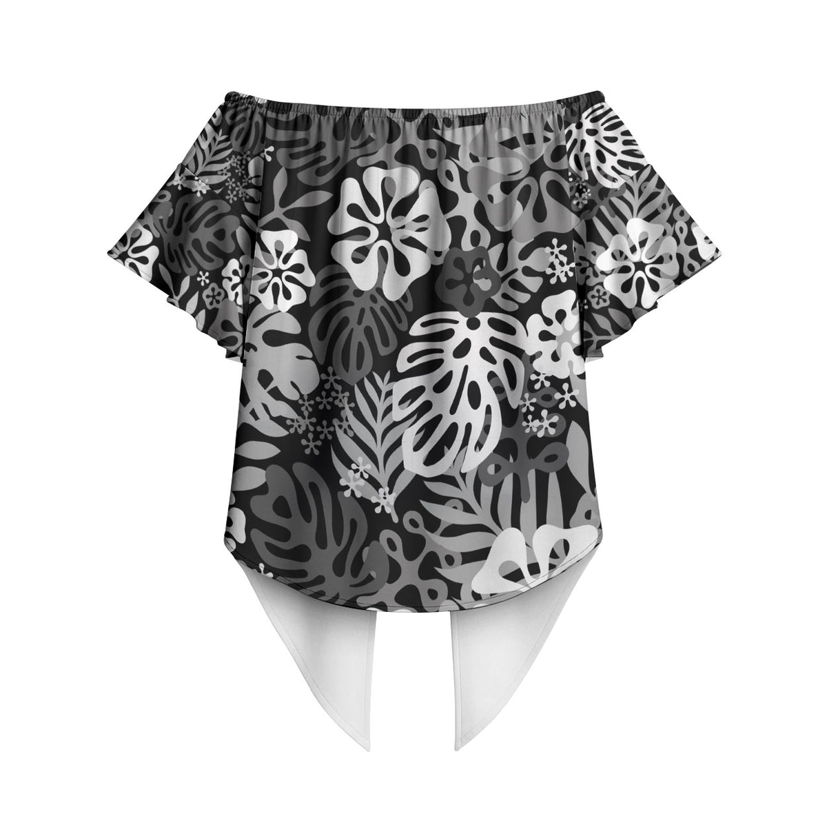 Black Aloha Hawaiian Off Shoulder Wrap Waist Top Monstera Hibiscus Tropical Pattern