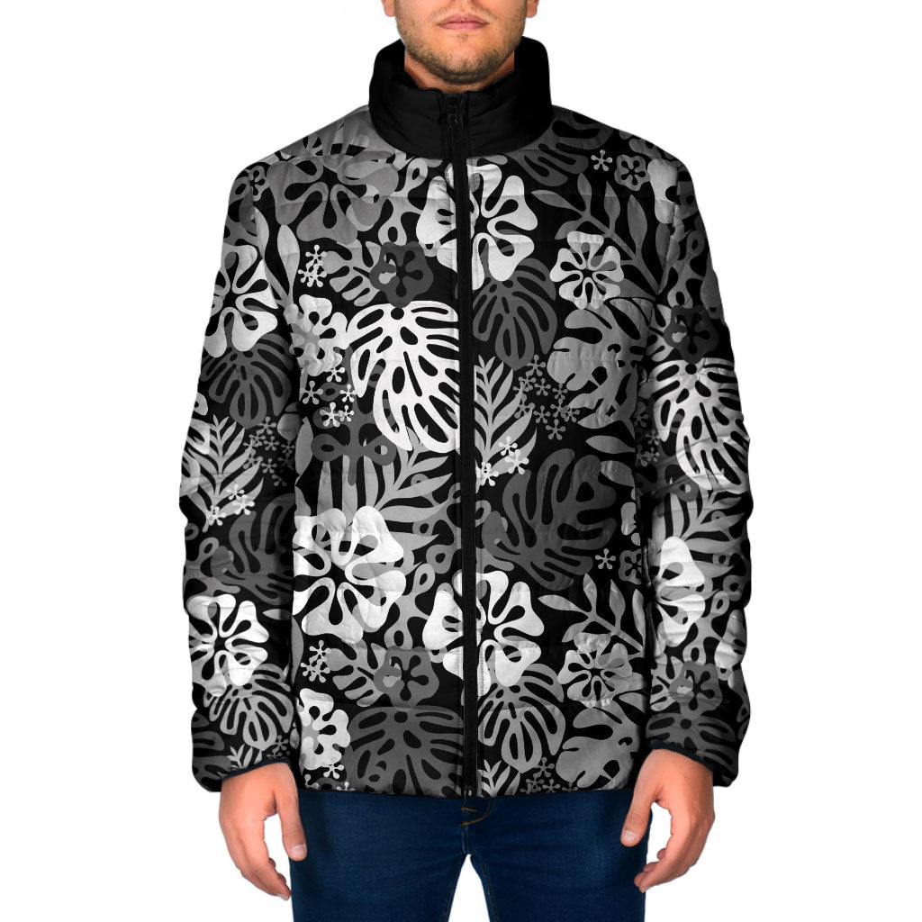 Black Aloha Hawaiian Padded Jacket Monstera Hibiscus Tropical Pattern