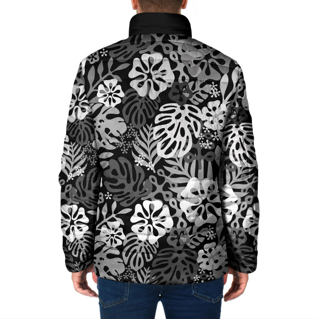 Black Aloha Hawaiian Padded Jacket Monstera Hibiscus Tropical Pattern