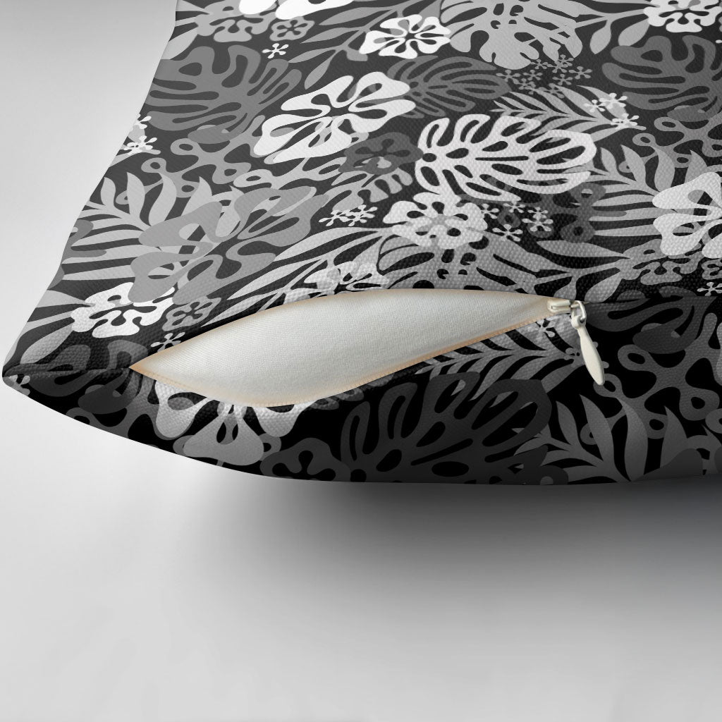 Black Aloha Hawaiian Pillow Cover Monstera Hibiscus Tropical Pattern