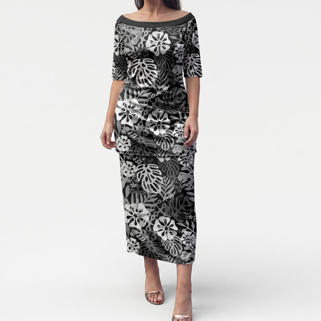 Black Aloha Hawaiian Puletasi Monstera Hibiscus Tropical Pattern