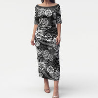 Black Aloha Hawaiian Puletasi Monstera Hibiscus Tropical Pattern