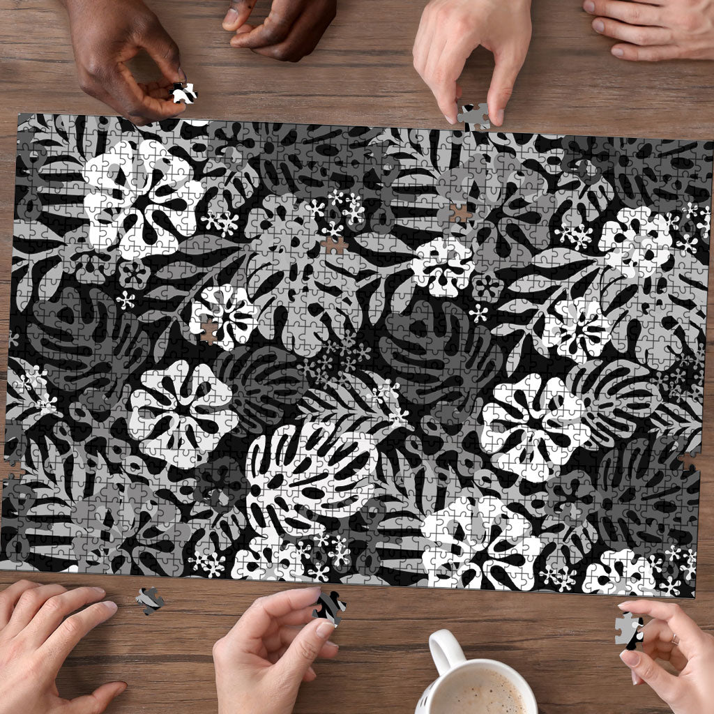 Black Aloha Hawaiian Puzzle Monstera Hibiscus Tropical Pattern